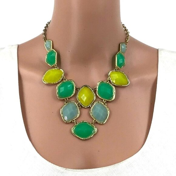 Statement Necklace Bib Style Green Yellow Gold Tone Adjustable Length - Picture 4 of 6